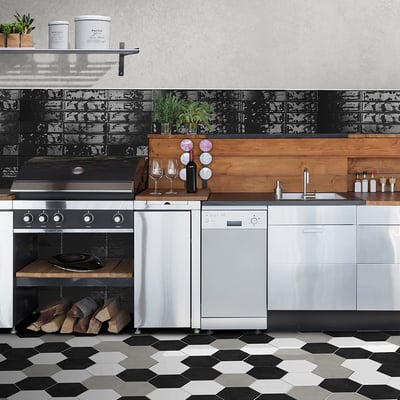 Glossy Black Subway Tile on Outdoor Kitchen Backsplash